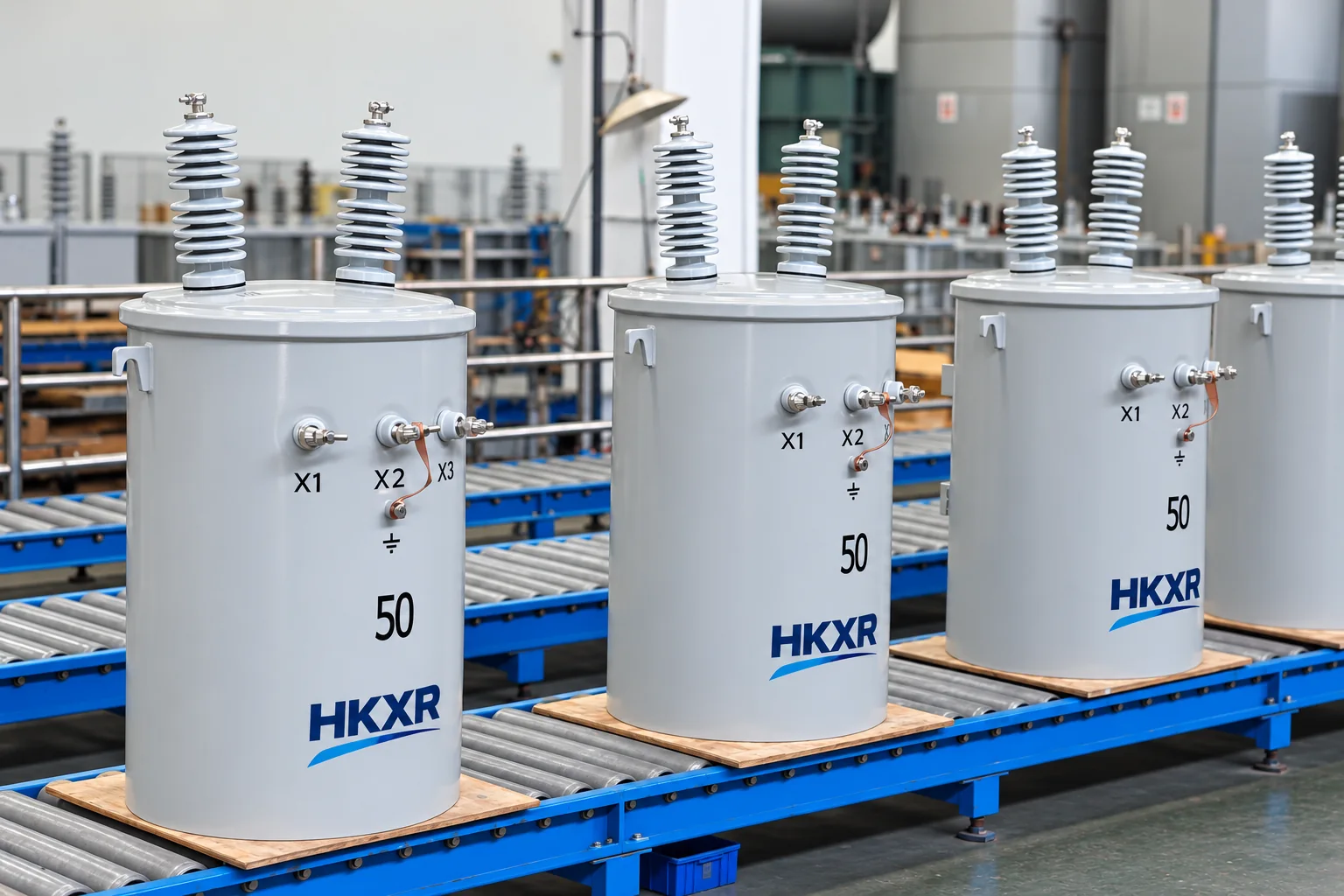 Finished distribution transformers prepared in the manufacturing facility