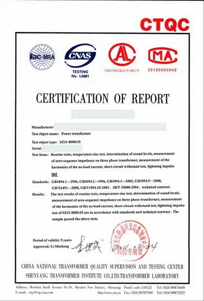 Redacted preview of Power Transformer Certification of Report