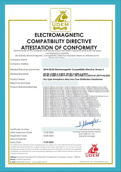 Redacted preview of EMC Directive Attestation - Amorphous Alloy Dry-Type Transformers