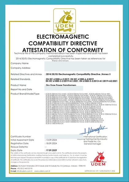 Redacted preview of EMC Directive Attestation - Dry-Type Power Transformers