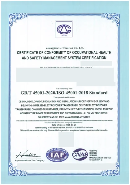 Redacted preview of ISO 45001 Occupational Health & Safety Certificate