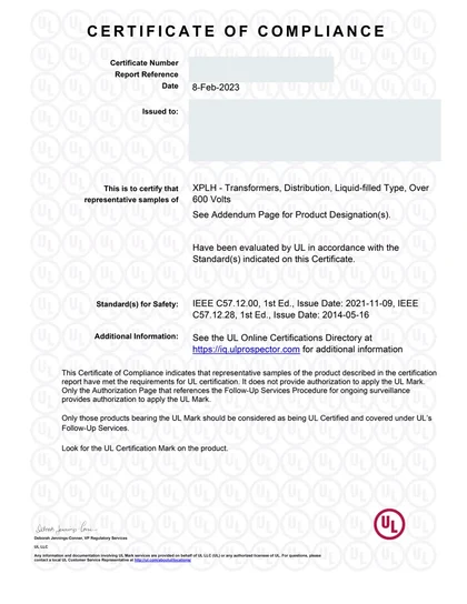 Redacted preview of UL Certificate - Liquid-Filled Distribution Transformers