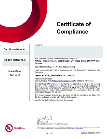 Redacted preview of UL Certificate - Overhead Distribution Transformers