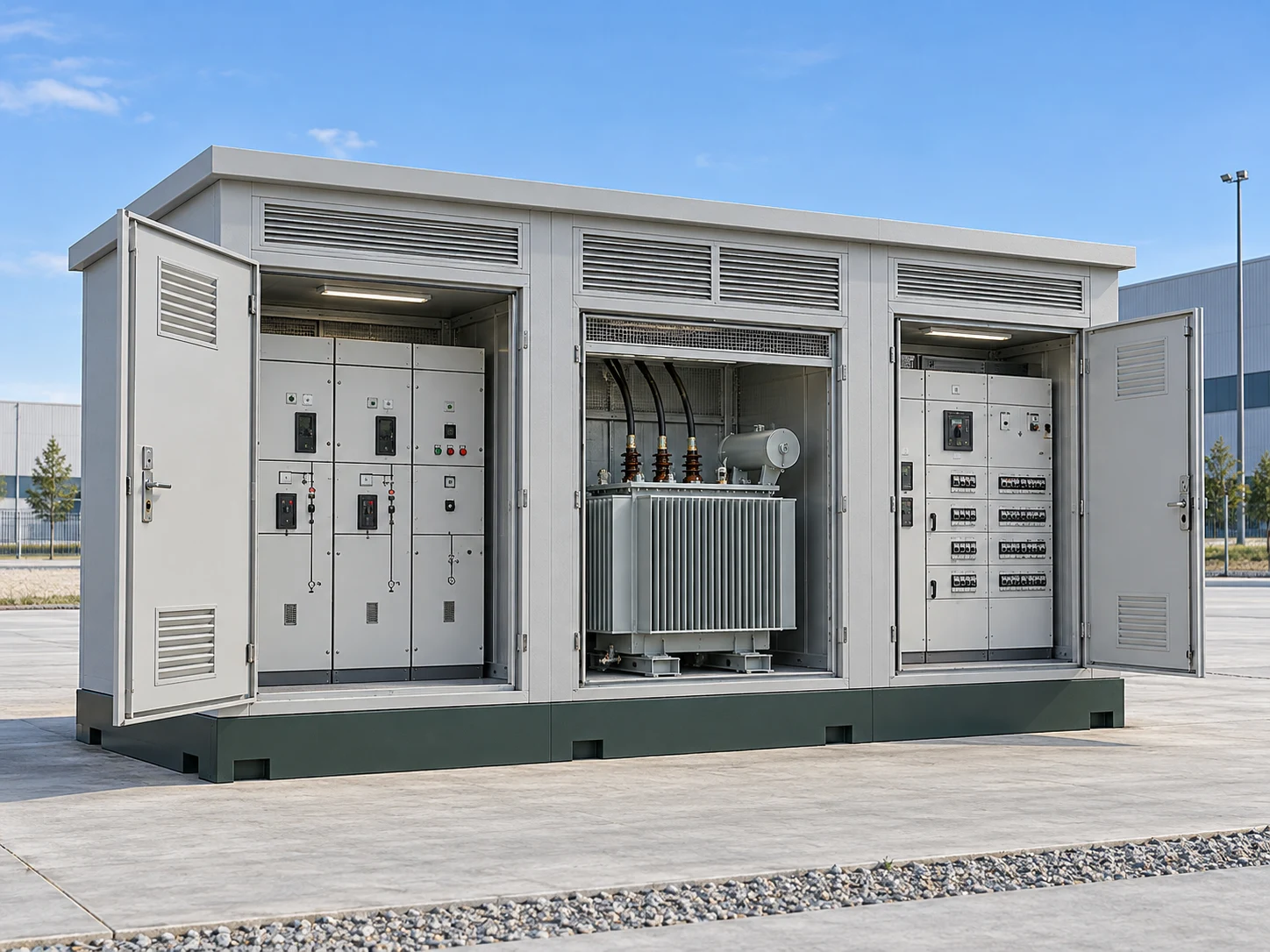 Concept of a compact package substation with separate MV, transformer and LV compartments